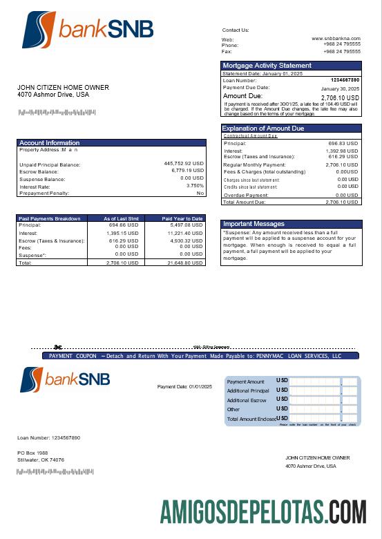 Declaração de hipoteca do banco SNB dos EUA Oklahoma em formatos Word e PDF exemplo real